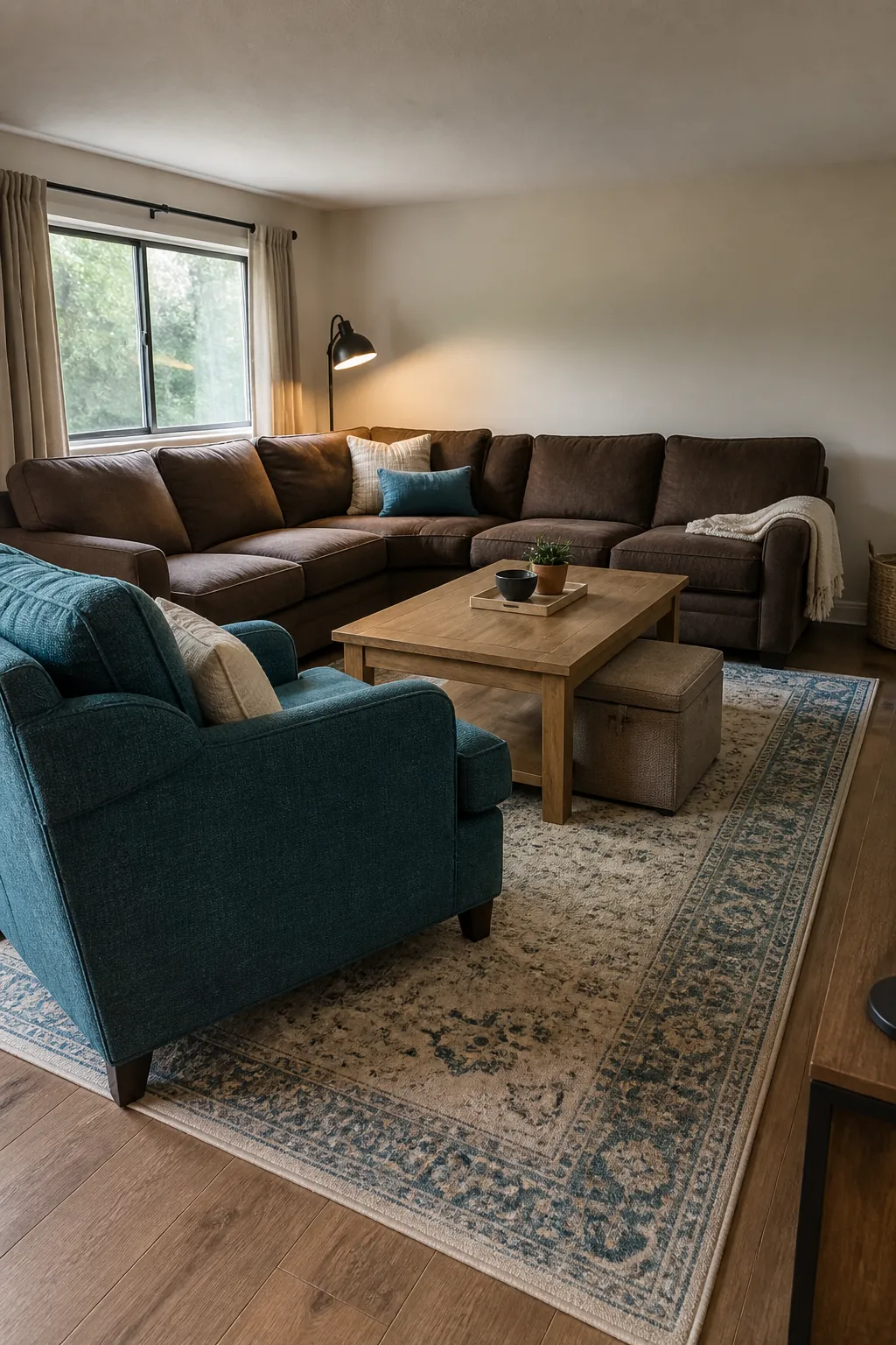 Teal lounge chair paired with a large brown living room sectional
