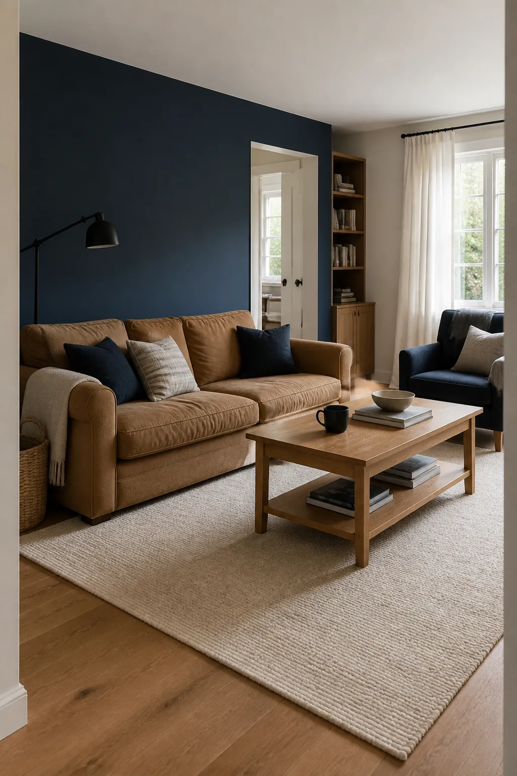 Balanced navy tan and warm white living room color scheme