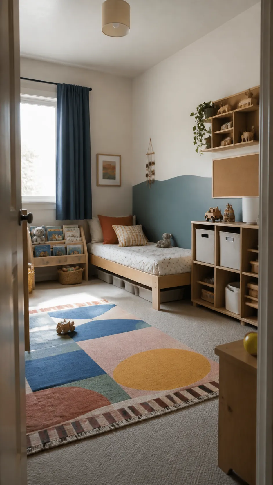 Safe and functional small children room with low storage and open play space