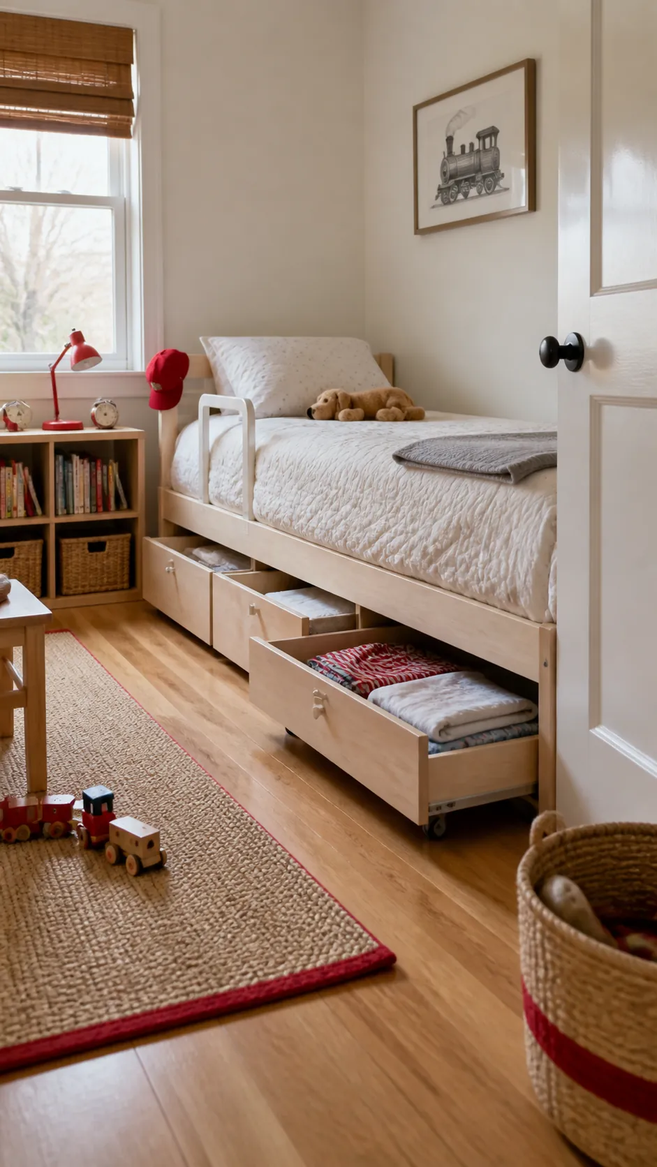Slide Drawers Under a Standard Bed in a compact children room