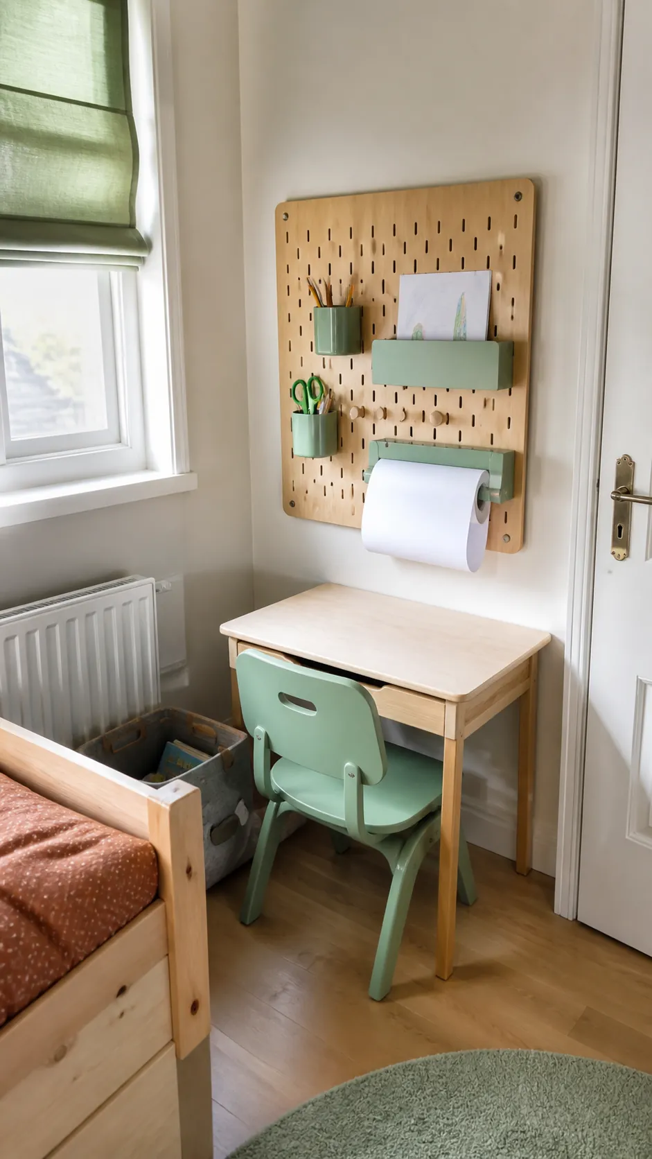 Use a Pegboard Above the Desk in a compact children room