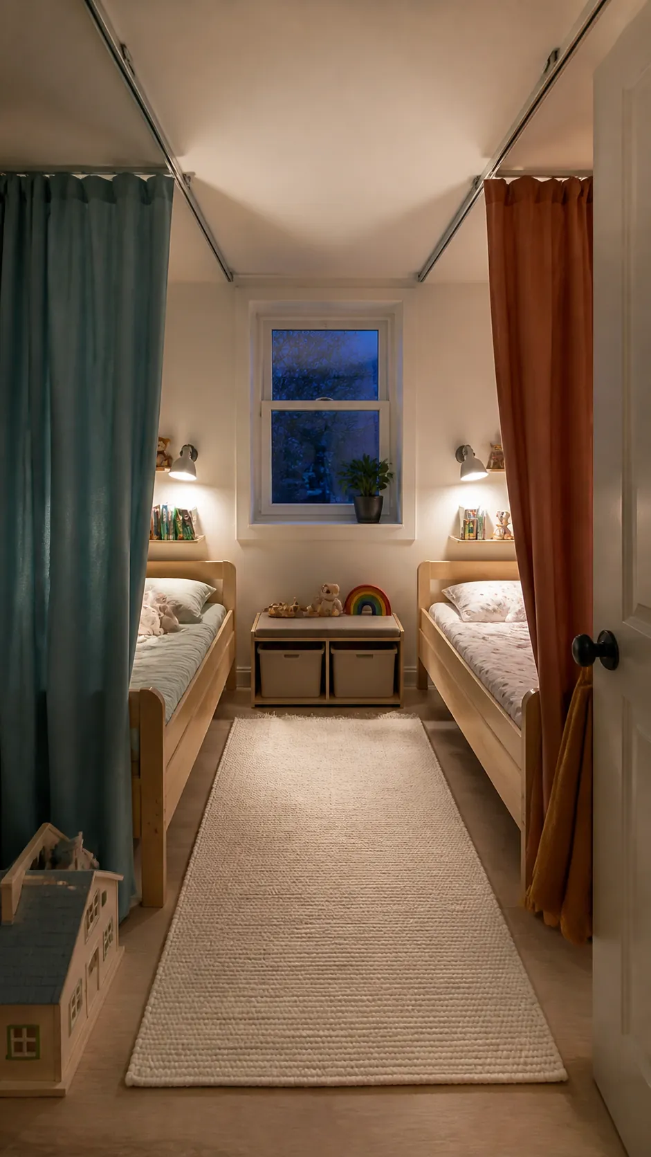 Zone a Shared Room With Curtains at Each Bed in a compact children room