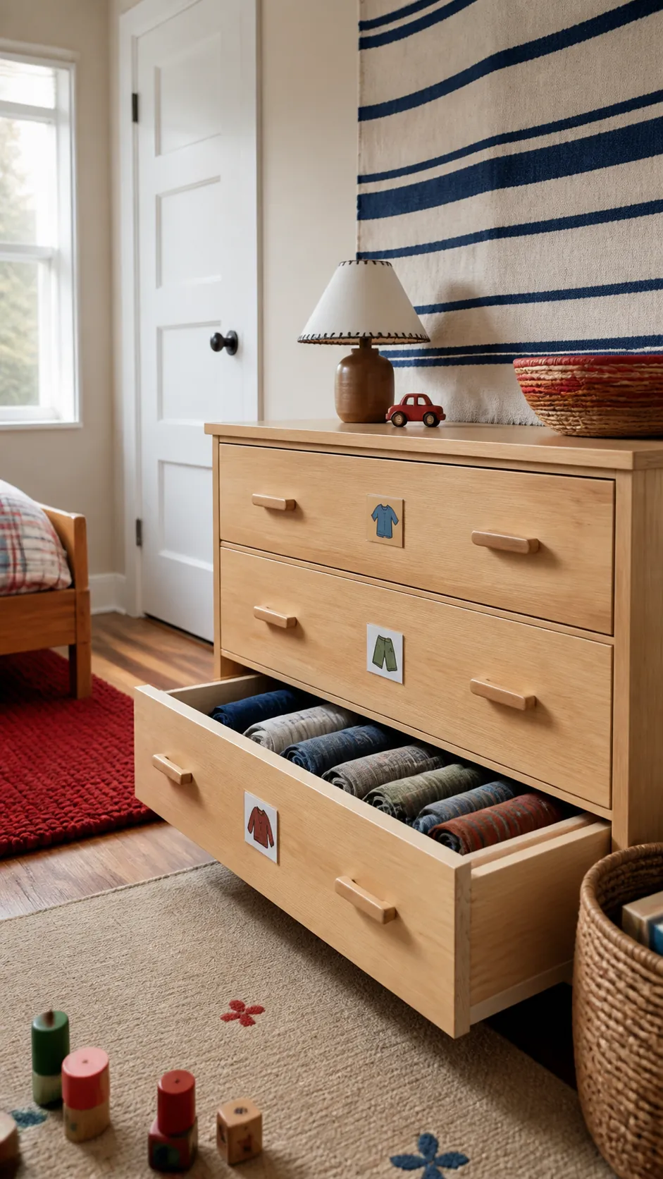 Store Clothes in Wide Low Drawers in a compact children room