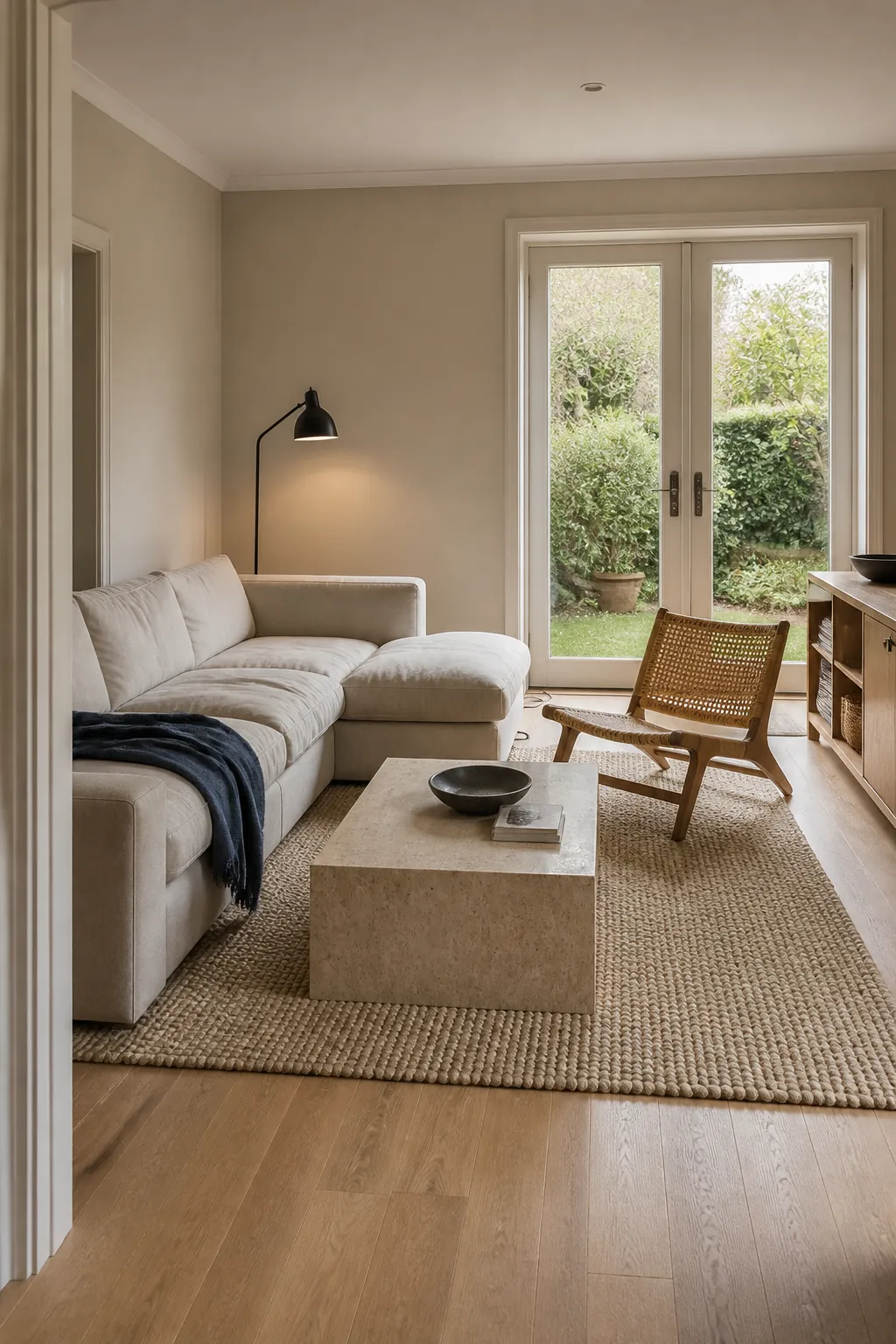 Natural linen walls with oak cane and flax living room furnishings