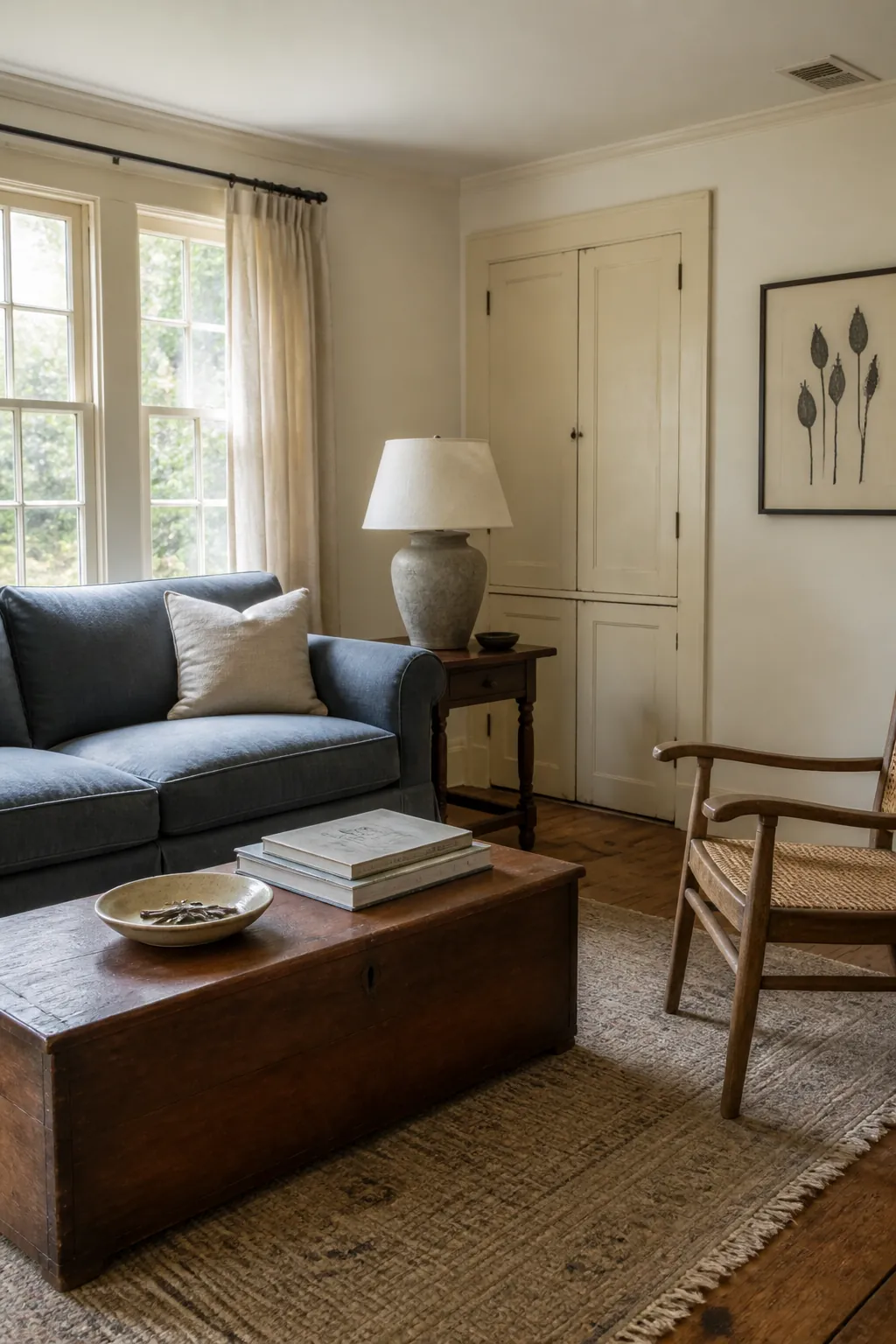 Soft warm white living room with layered wood linen and stone