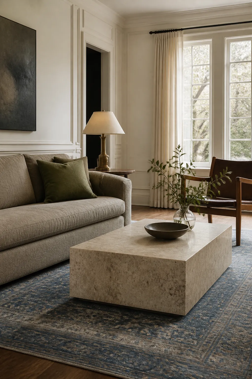 Timeless living room colors layered with wood linen stone and muted blue