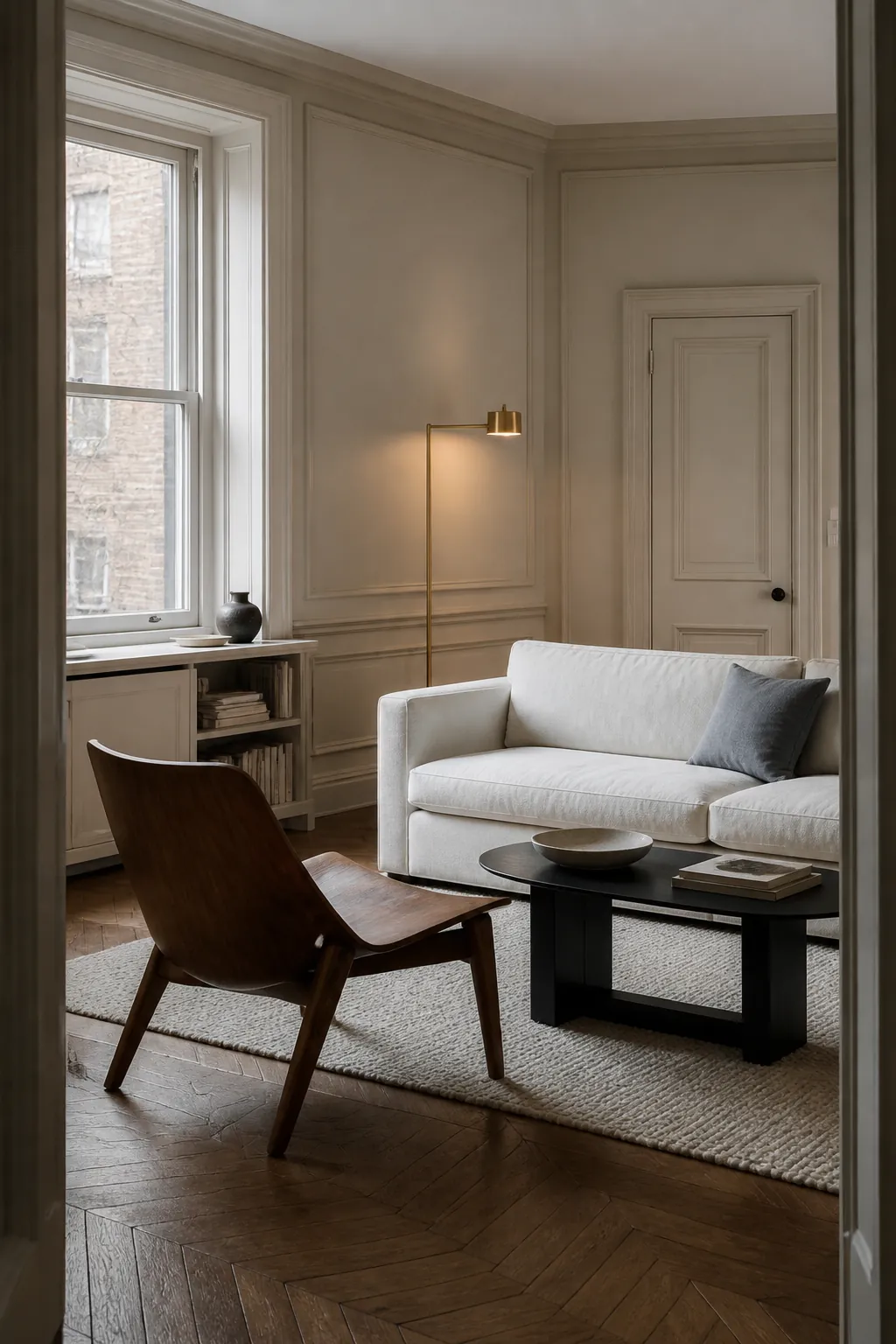Classic putty living room with traditional molding and modern furniture