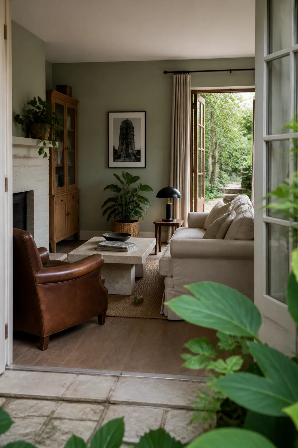 Quiet sage living room with warm wood and limestone details