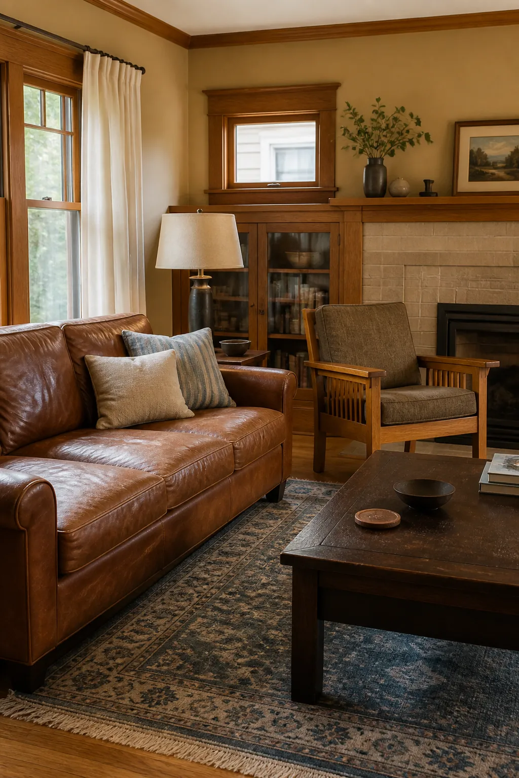 Camel beige living room with cognac leather and faded blue accents