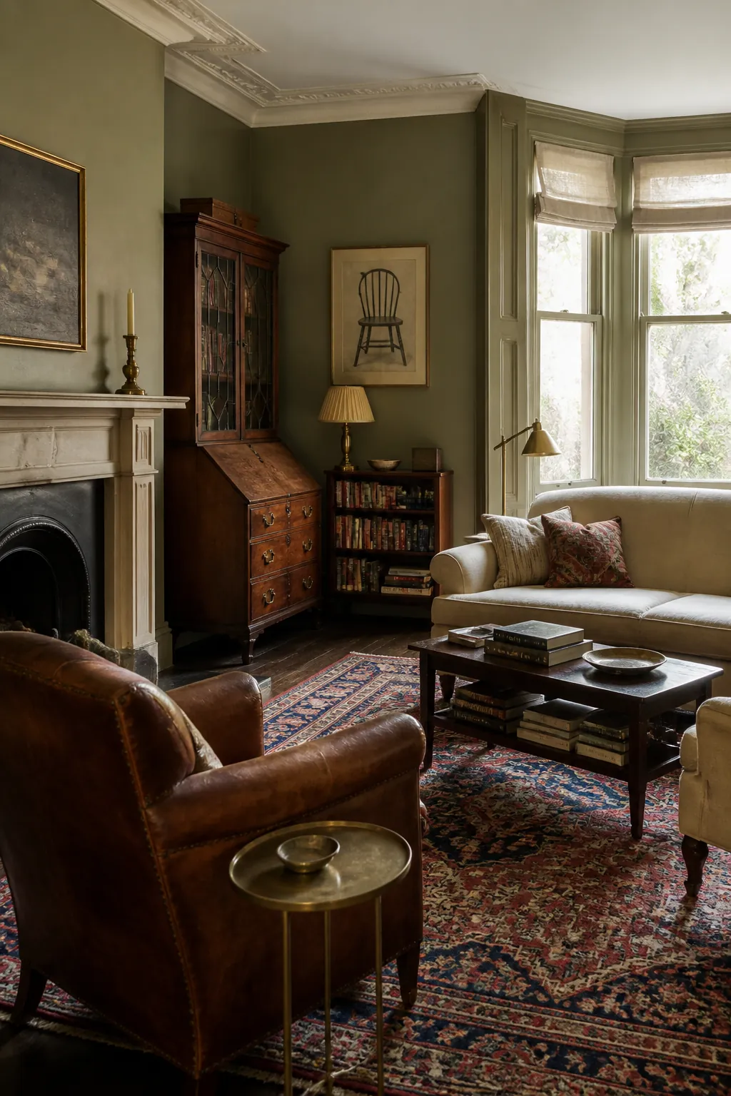 Soft olive traditional living room with antique oak and patterned rug