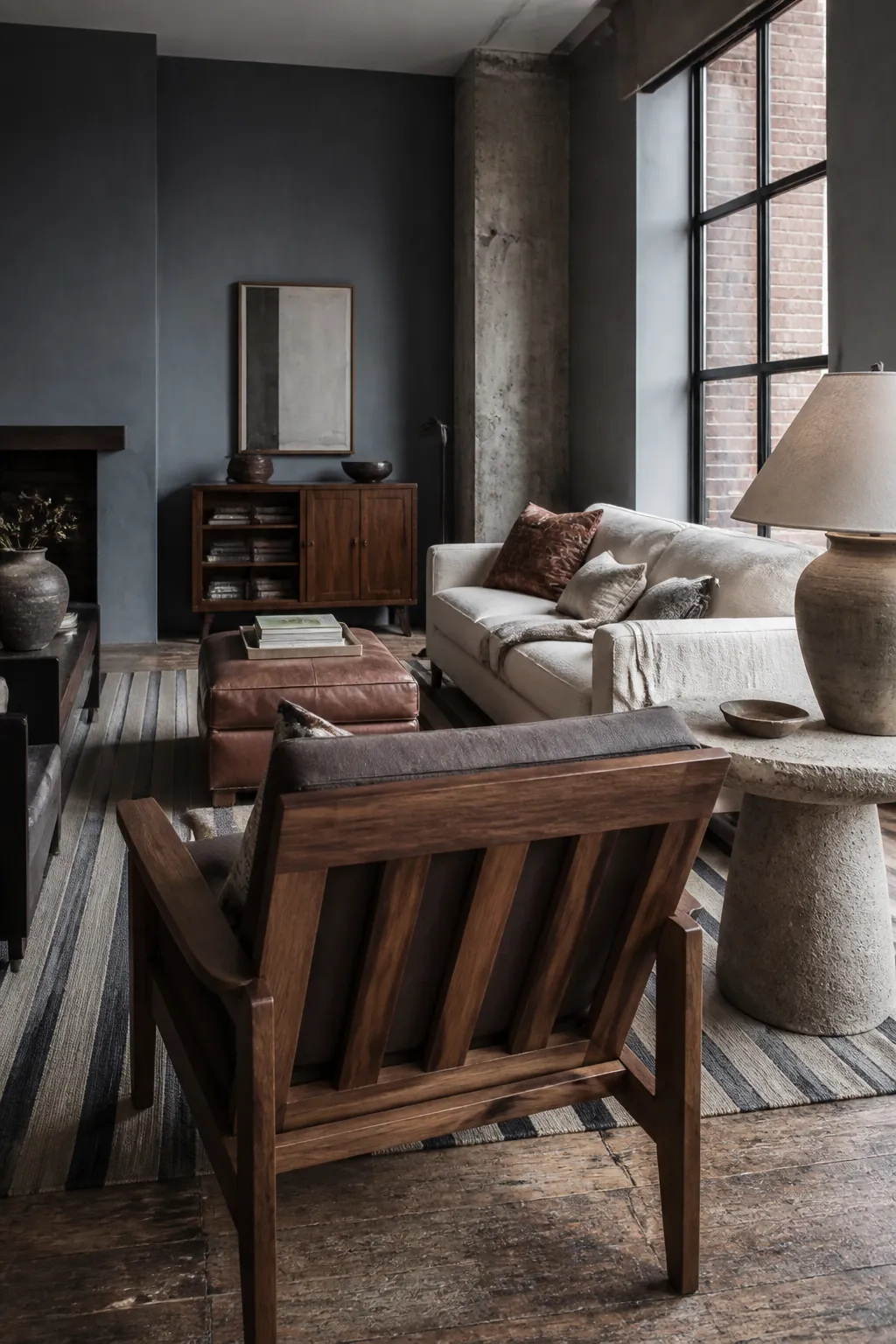 Slate blue-gray living room with walnut cream and stone