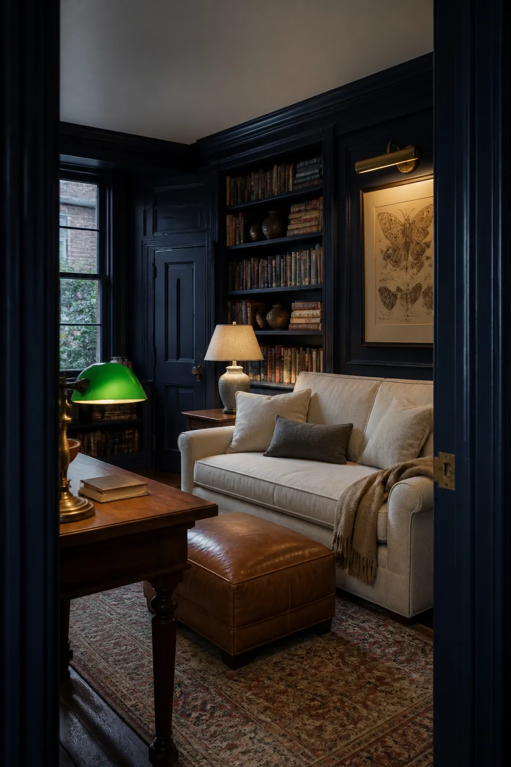 Deep navy living room with ivory upholstery and walnut furniture