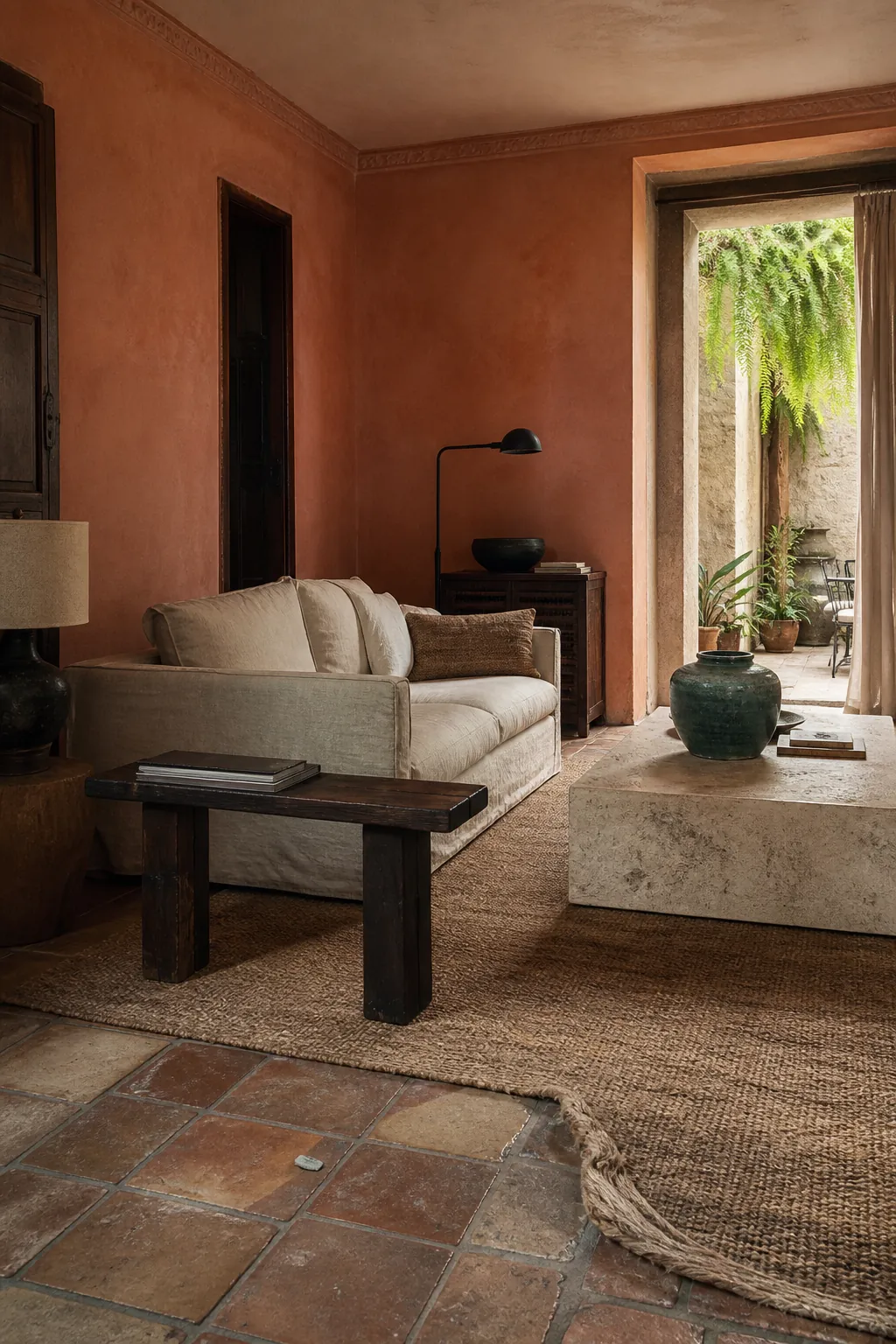 Weathered terracotta living room with cream linen and dark timber