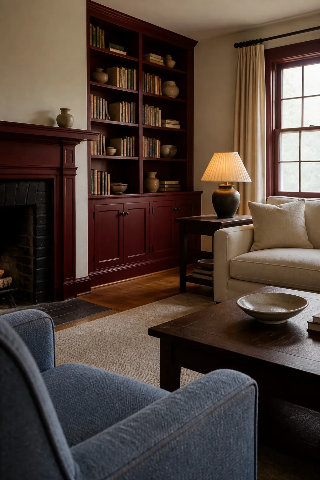 Oxblood red built-ins in a cream and dark oak living room