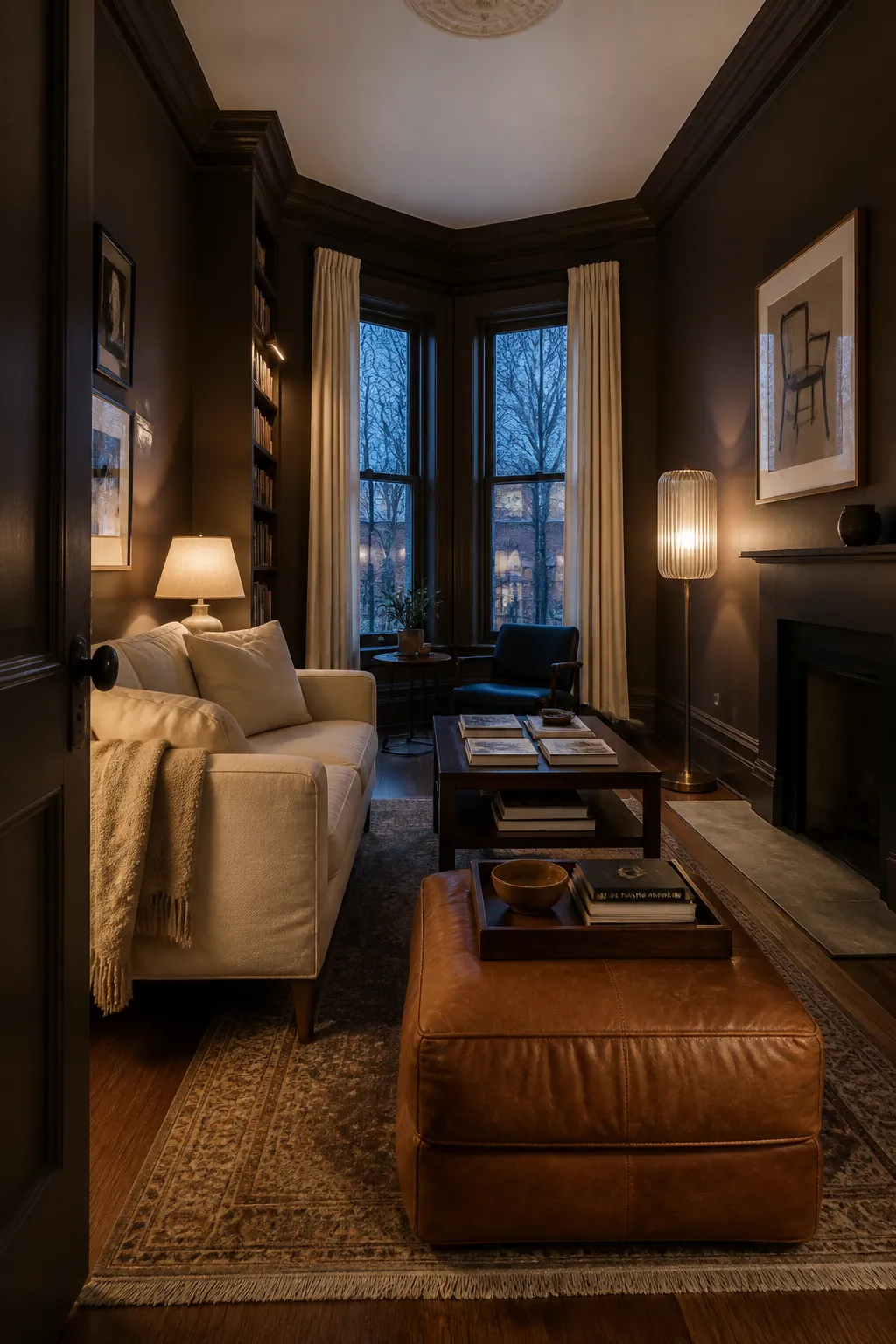 Chocolate brown living room with pale upholstery and layered lighting