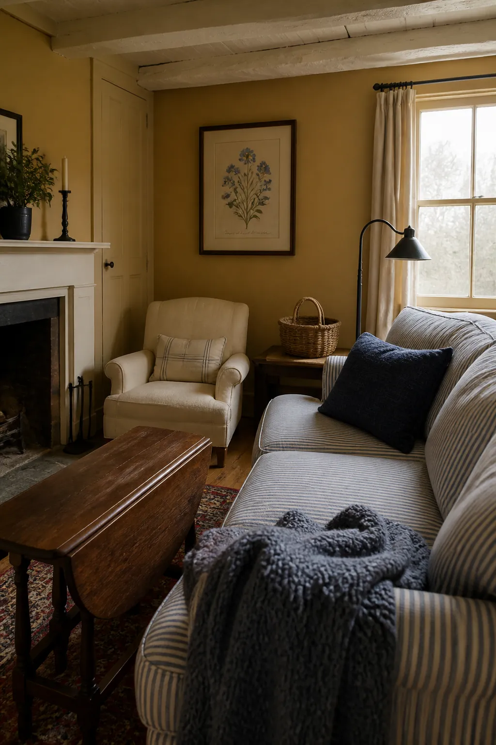 Antique ochre living room with blue textiles and walnut furniture