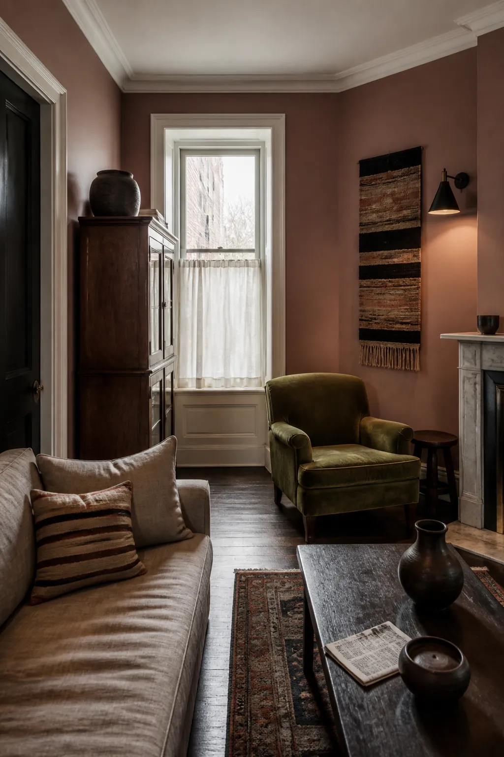 Dusty rose living room with olive chair and mahogany table