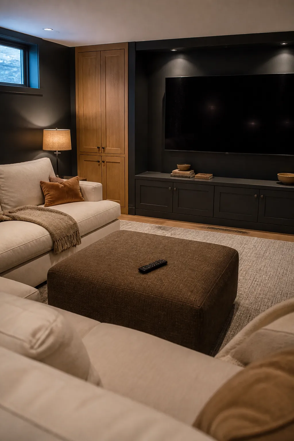 Soft charcoal living room with brown wood and cream textiles