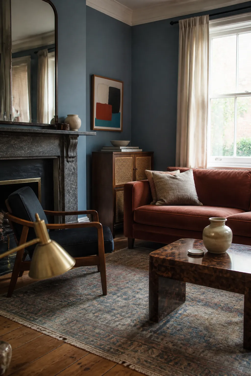 Faded mineral blue living room mixing antiques and modern upholstery