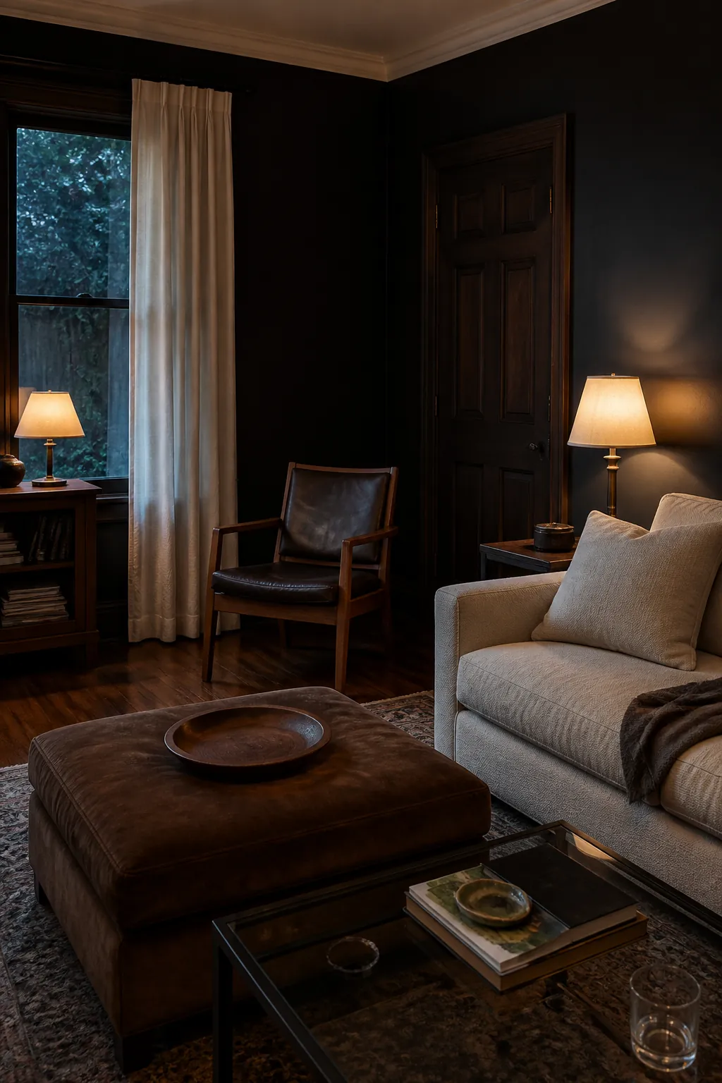 Warm soft black living room with cream seating and aged walnut
