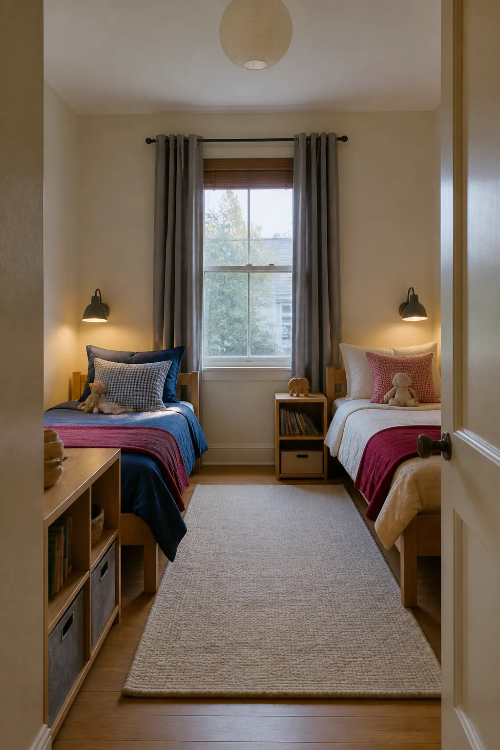 Small shared children bedroom with two sleep zones and clear floor space