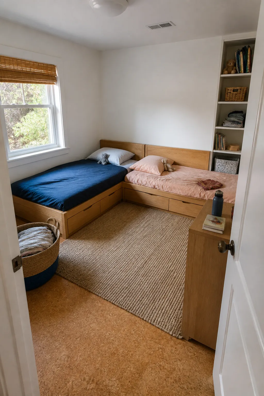 Arrange Twin Beds in an L Shape in a small shared children bedroom