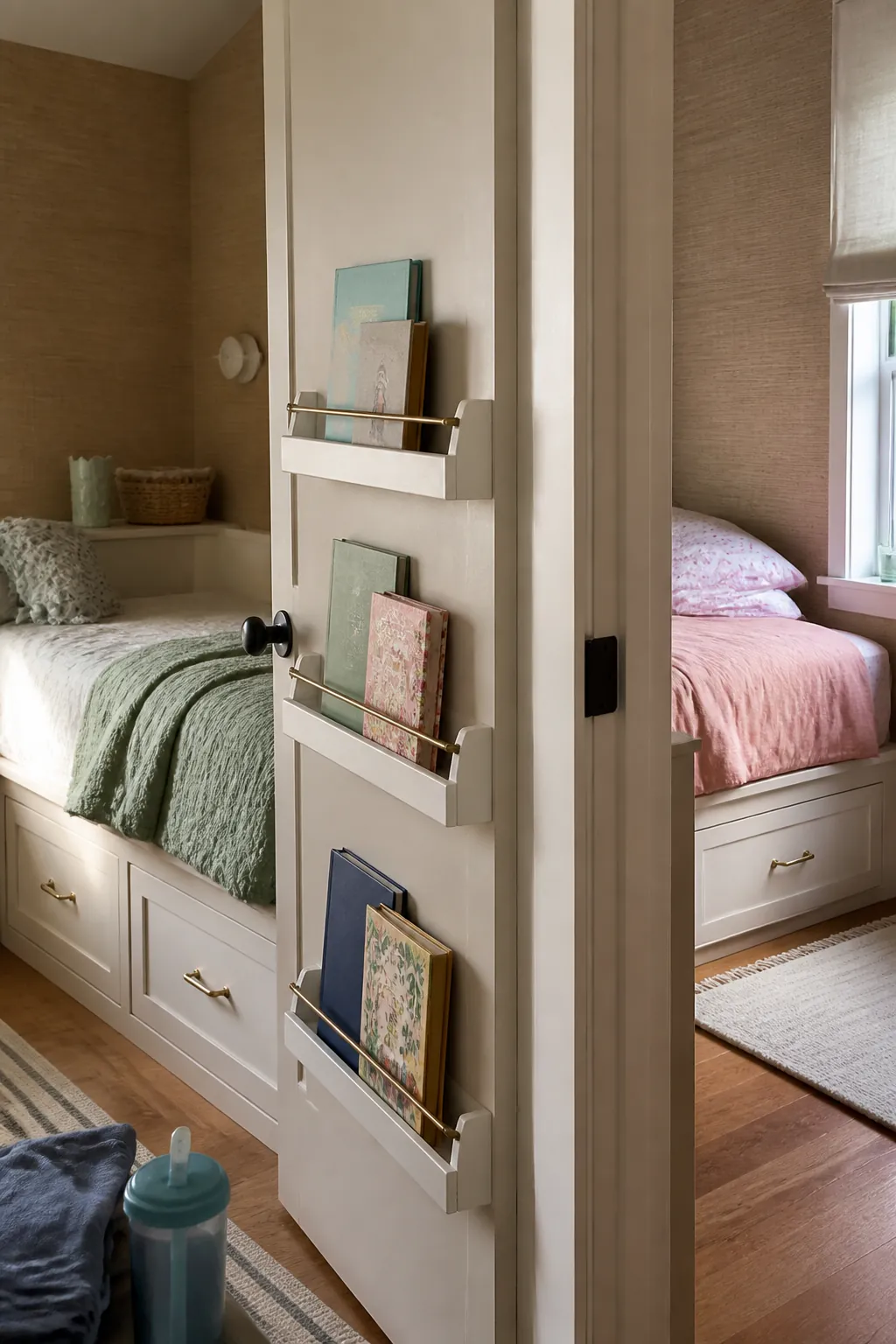 Fit Slim Book Rails Behind the Door in a small shared children bedroom
