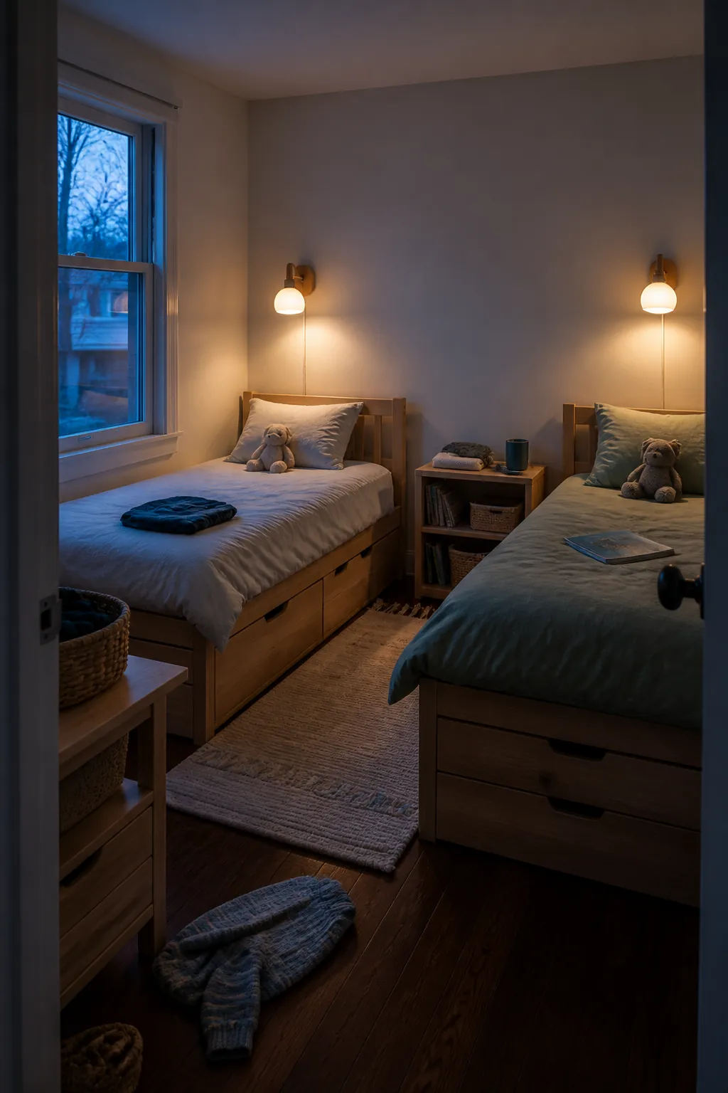 Choose Separate Bedside Reading Lights in a small shared children bedroom