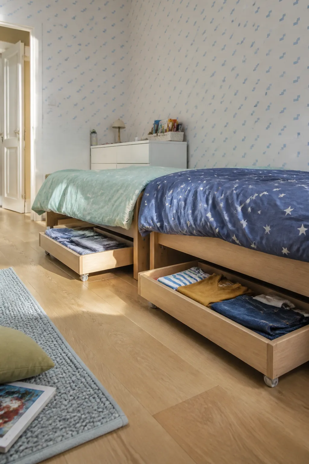 Roll Daily Clothes Beneath Each Bed in a small shared children bedroom