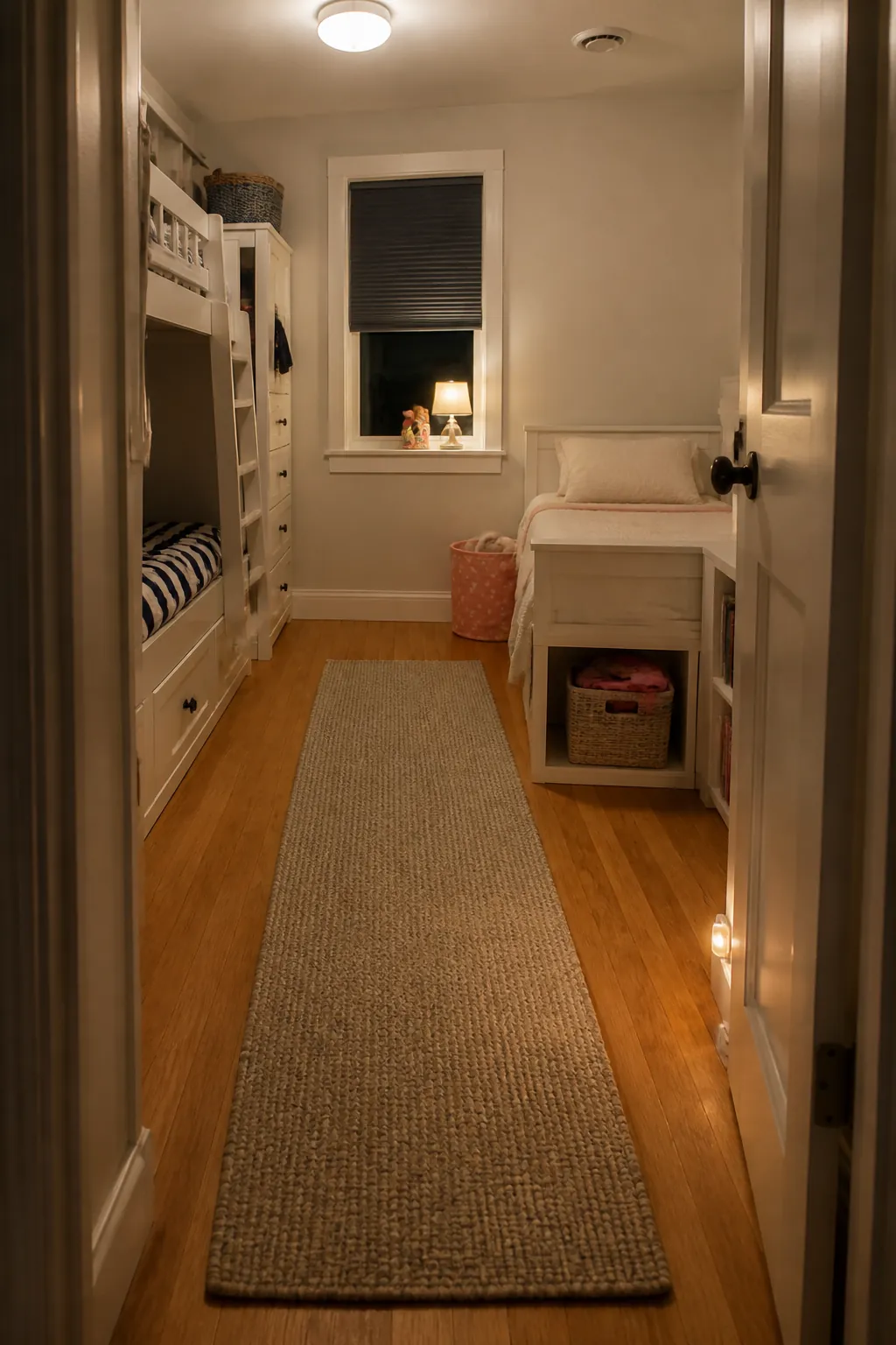 Create a Quiet Late-Bedtime Route in a small shared children bedroom