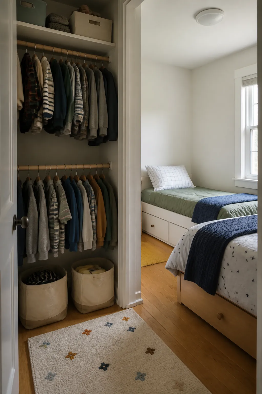 Hang Clothes Instead of Adding a Dresser in a small shared children bedroom