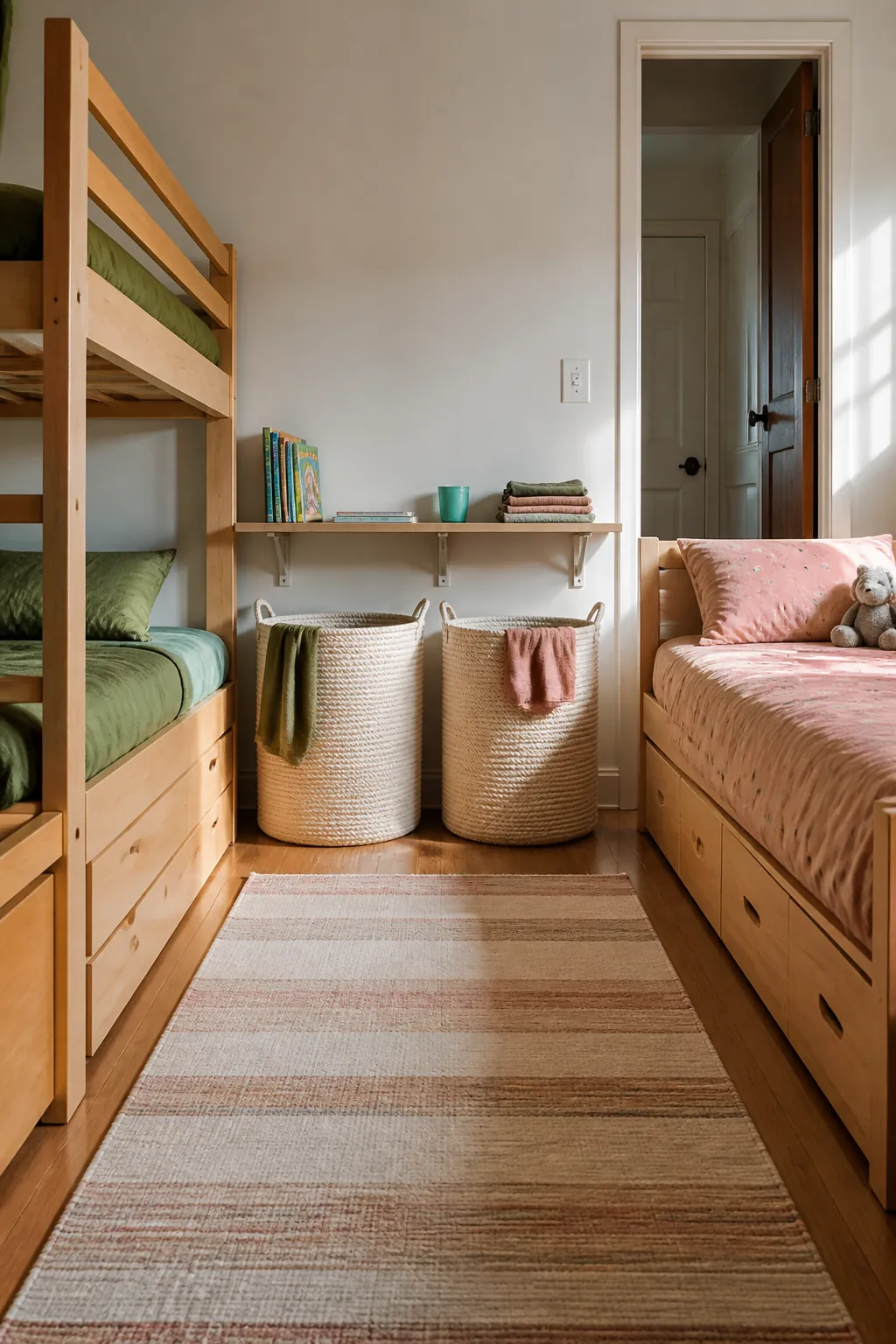 Create a Two-Basket Laundry Station in a small shared children bedroom