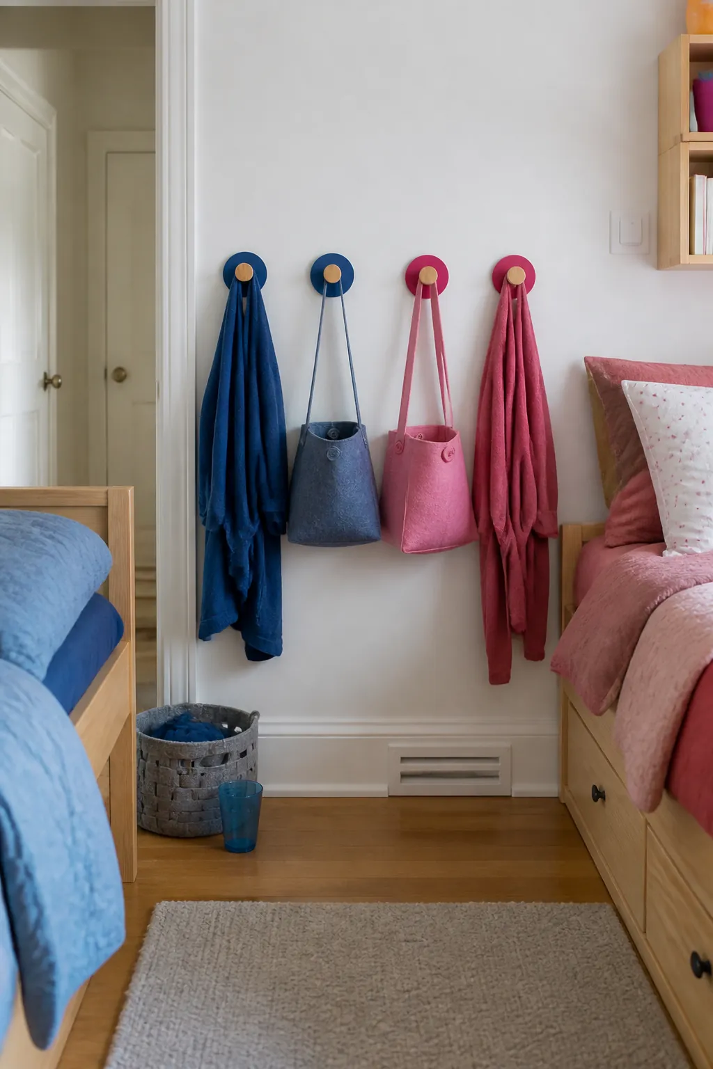 Mark Each Child’s Hooks by Color in a small shared children bedroom