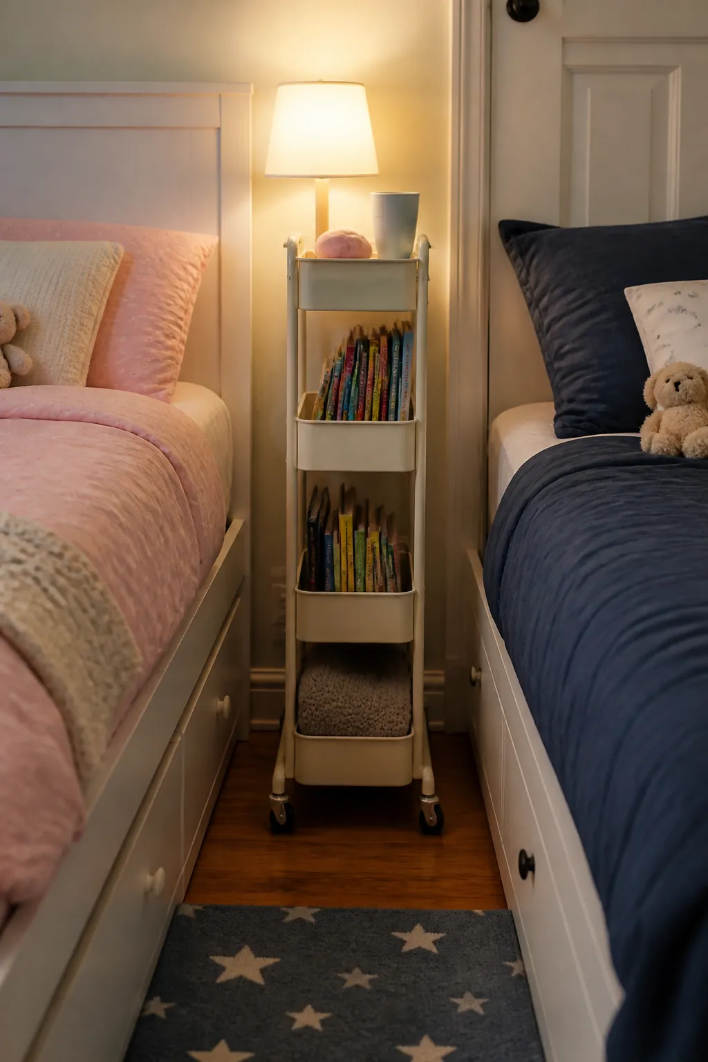 Use One Narrow Bedside Book Cart in a small shared children bedroom