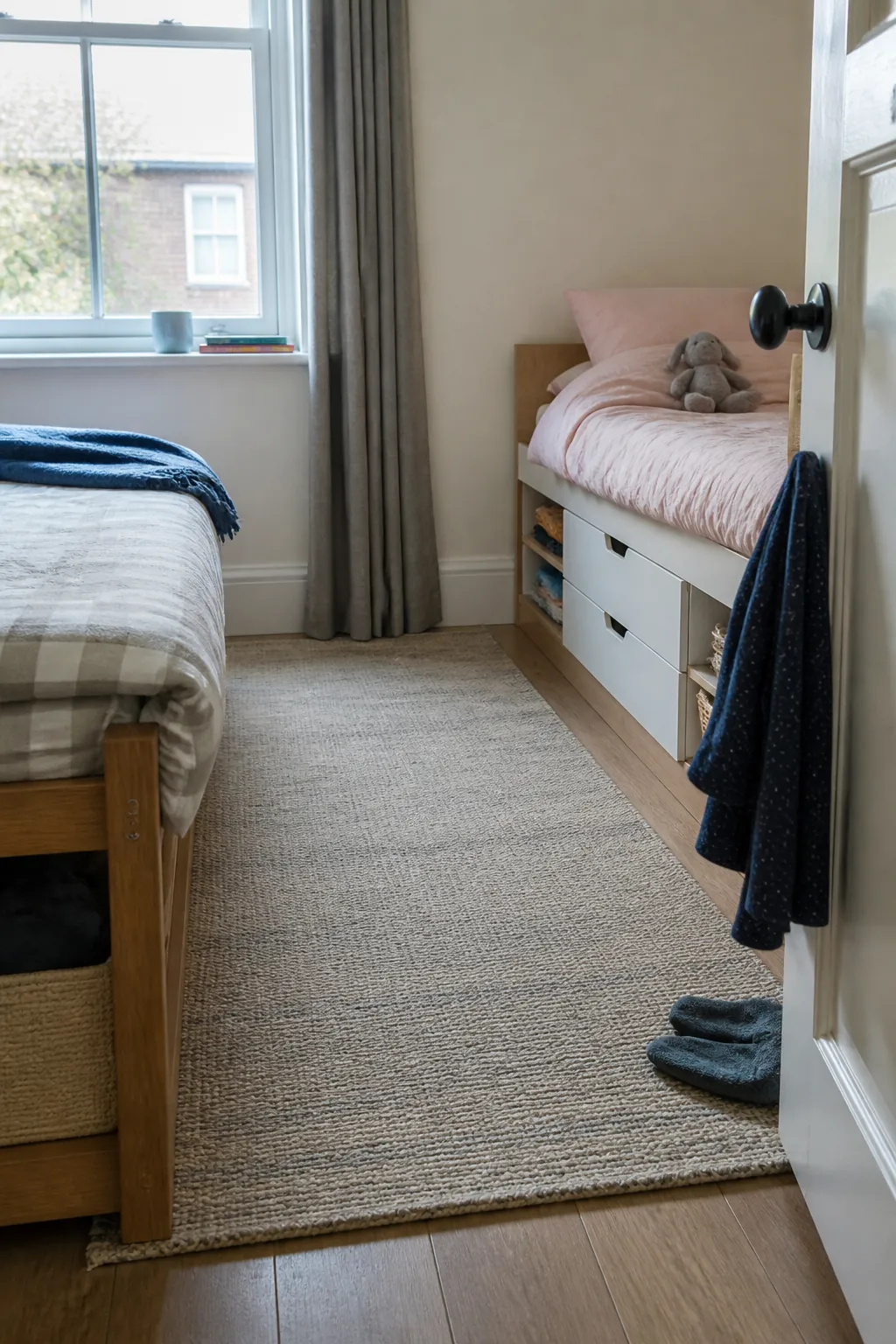 Add a Small Sound-Softening Rug in a small shared children bedroom
