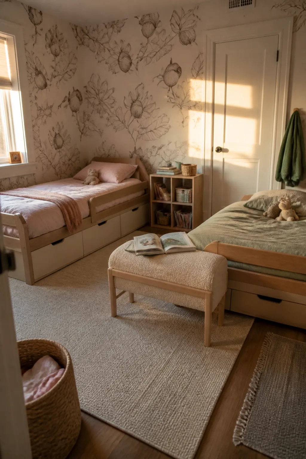 Place a Shared Story Seat at the Foot in a small shared children bedroom