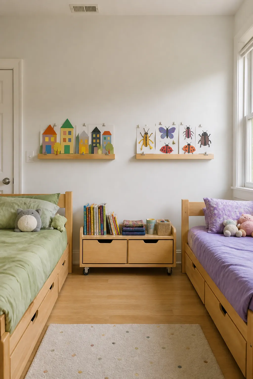 Make One Display Ledge Per Child in a small shared children bedroom