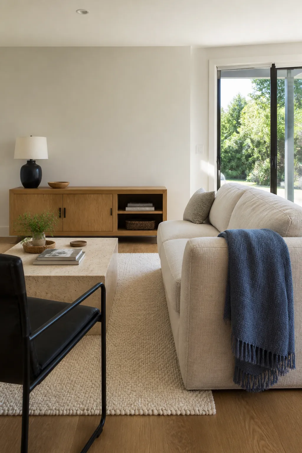 BEHR Blank Canvas warm white living room with oak and linen