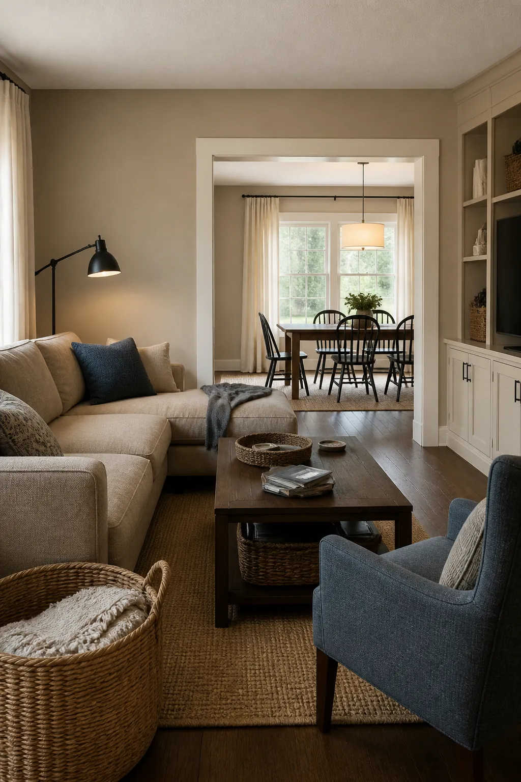 BEHR Wheat Bread beige living room with warm wood and blue accents