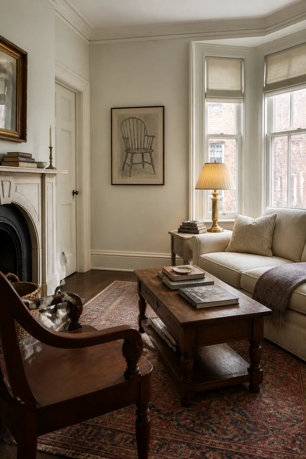 BEHR Dainty Lace living room with antique wood and cream upholstery