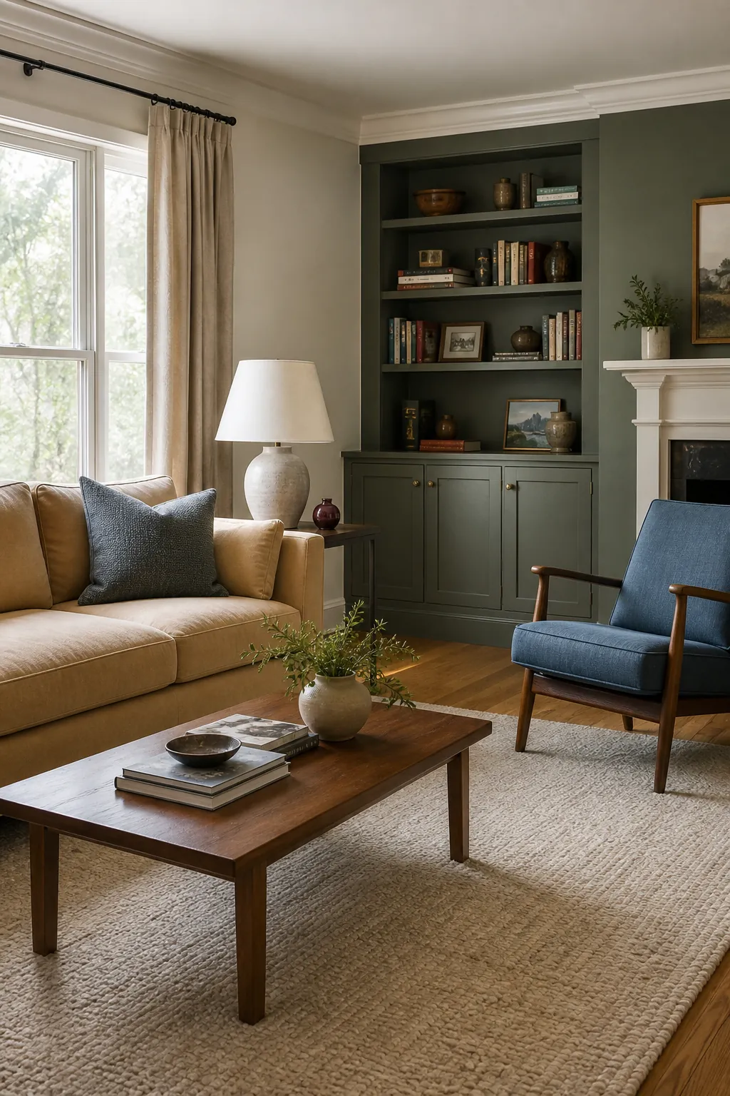 Home Depot living room paint colors shown in a warm layered interior