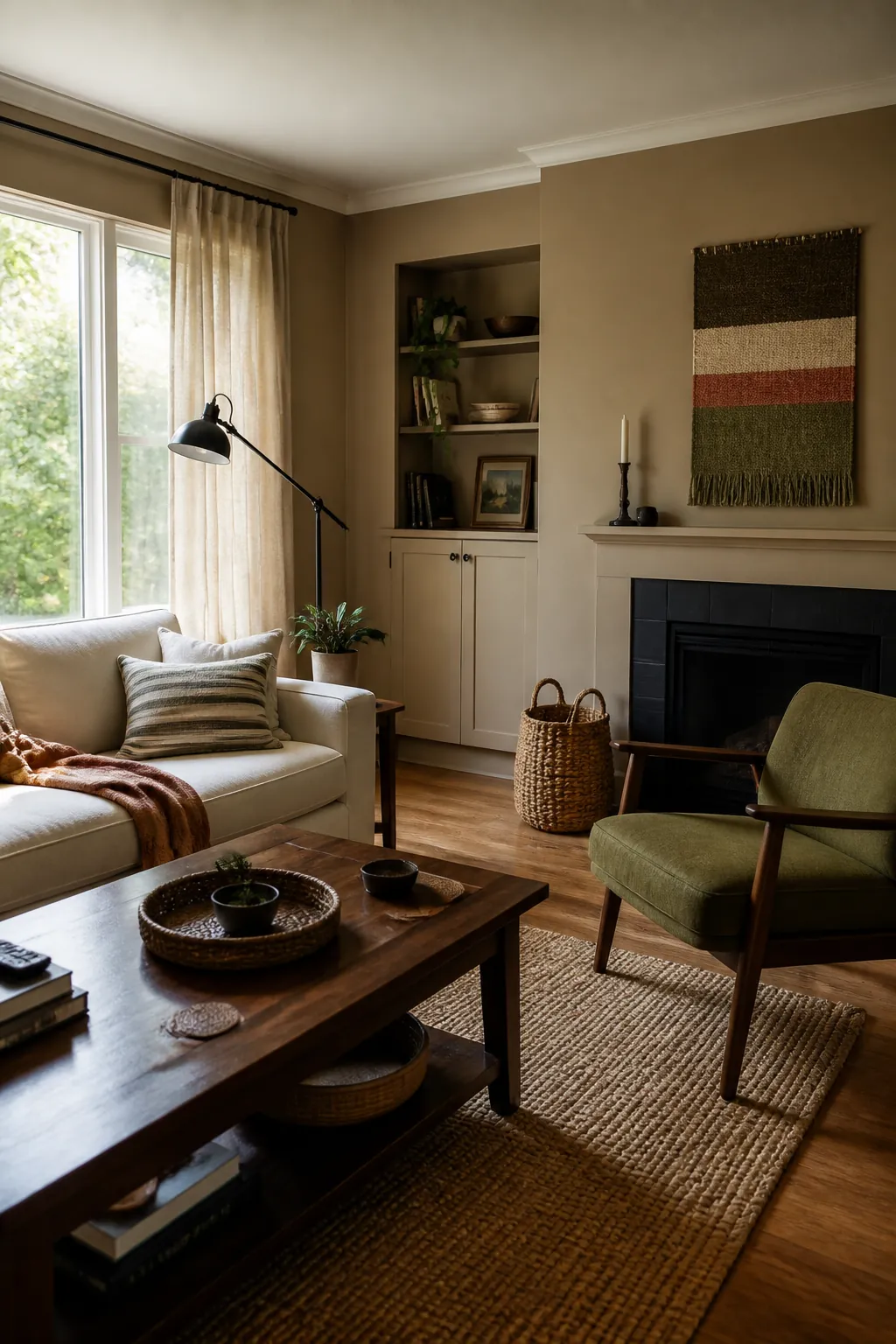 BEHR Smoked Tan cozy living room with olive and cream furnishings