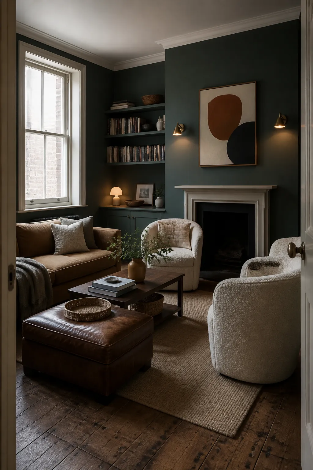 BEHR Hidden Gem smoky jade living room with walnut and camel