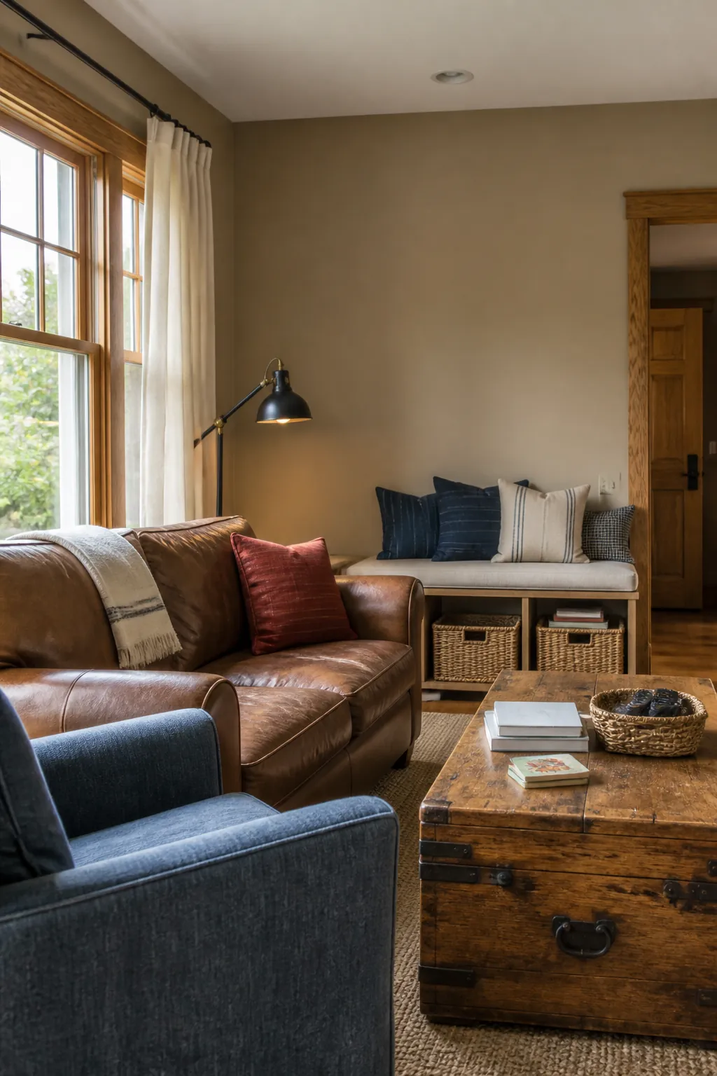 BEHR Rodeo Tan family living room with leather denim and oak