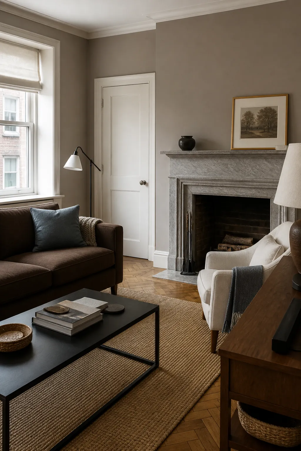 BEHR Mocha Ice living room with stone brown furniture and cream trim
