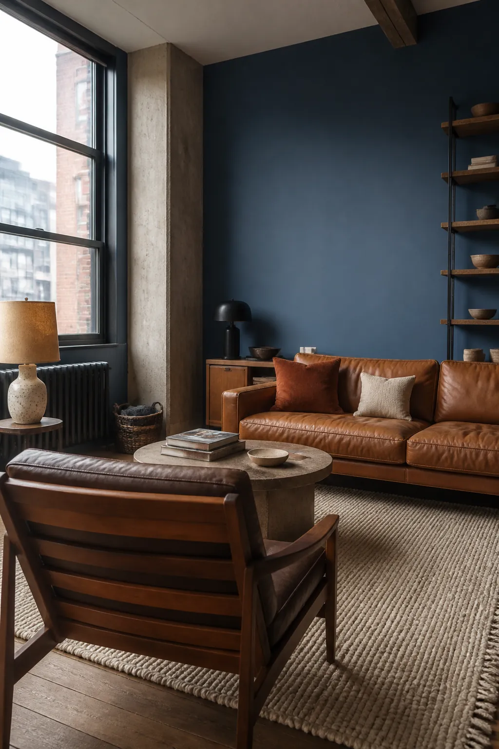 BEHR Adirondack Blue living room with walnut and cognac furniture