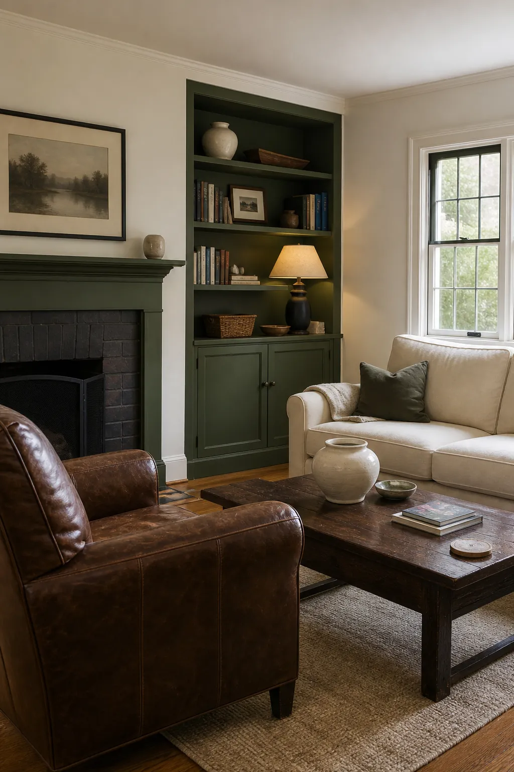 BEHR Ecological green built-ins in a warm living room