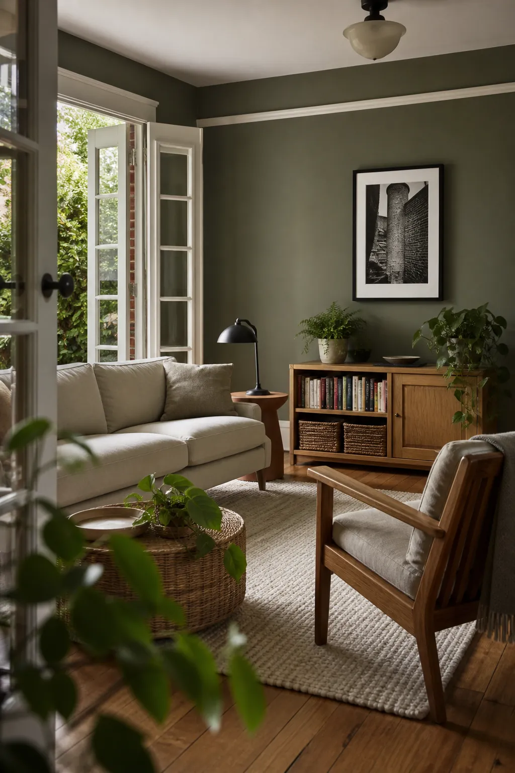 BEHR Urban Nature green living room with oak flax and clay