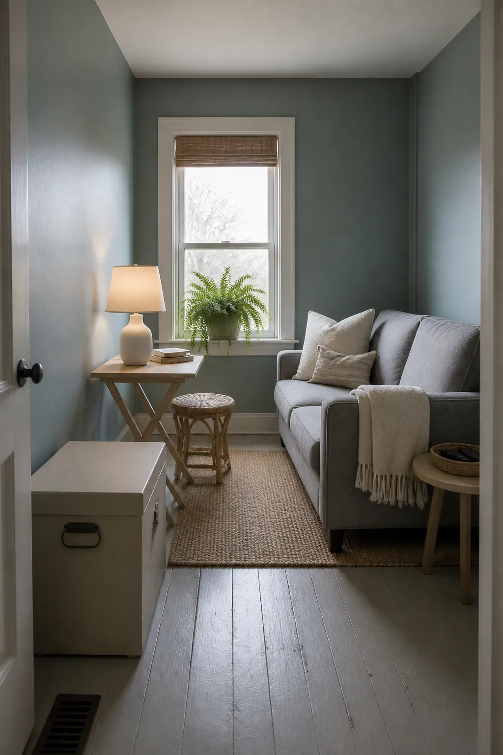 BEHR Watery soft blue-green small living room with natural wood