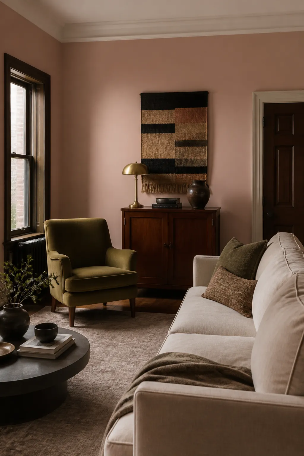 BEHR Iced Copper blush living room with olive and dark wood